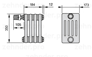 Схема (чертеж) Радиатор Zehnder Charleston 5035/4 №V012 Белый глянцевый RAL 9016